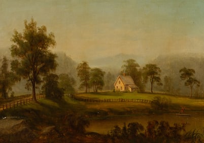 William Langworthy (Am. 19th Century), Country Scene with Canoer, 1872, Oil on canvas, framed