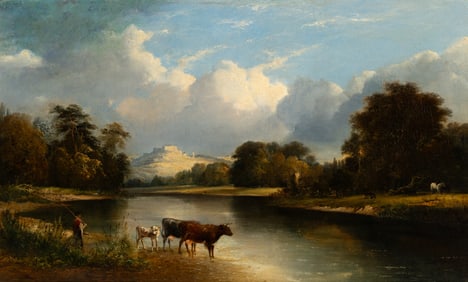 19th Century American School , Boy Fishing with Cows, Oil on canvas, framed