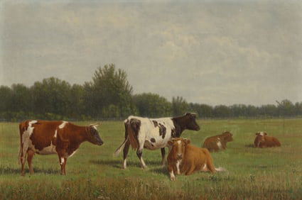 Clinton Loveridge (Am. 1824-1915), Cows in Pasture, 1894, Oil on canvas, framed