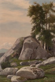 Late 19th/Early 20th Century Brushian School , "Pastures in Woodstock Maine", Oil on board, framed