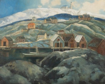 20th Century American School , "Monhegan", Oil on canvasboard, framed