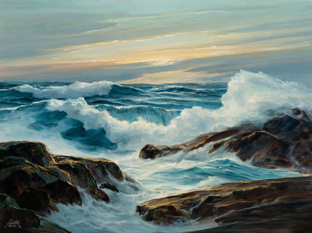 John Anthony Bartok (Am. 1938-2002), "Morning Tide - Down East" 1972, Oil on canvas, framed: John Anthony Bartok (Am. 1938-2002) "Morning Tide - Down East" 1972 Oil on canvas, framed Signed and dated l.l., Bartok Studio stamps verso, signed, titled and dated on tacking edge 30" x 40"