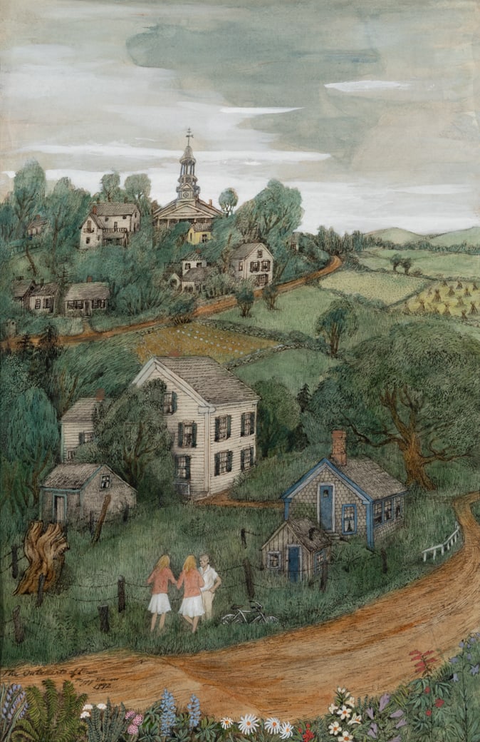 Peggy Bacon (Am. 1895-1987), "The Outskirts of Town" 1972, Ink and watercolor on paper, framed under (1 of 7)