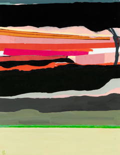 John Laurent (Am. 1921-2005), "Chernobyl" 1986, Acrylic and collage on board, framed under glass: John Laurent (Am. 1921-2005) "Chernobyl" 1986 Acrylic and collage on board, framed under glass Initialed l.l., signed, titled, dated, inscribed "(DONE IN BRITTANY)", Frost Gully Gallery labels, and