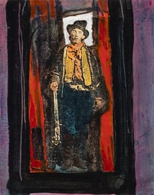 John Laurent (Am. 1921-2005), "William Bonie (Billy the Kid)" 1995, Acrylic and collage on board,