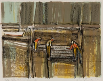 John Laurent (Am. 1921-2005), "Oyster Carts - Prat-ar-Coum" 1967, Lithograph on paper, framed under