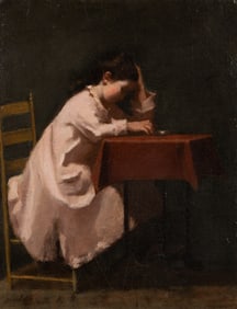 Eastman Johnson (Am. 1824-1906), Young Girl Reading at a Table, Oil on canvas, framed