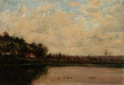 Charles-François Daubigny (Fr. 1817-1878), Ducks on the Lake, Oil on canvas, framed