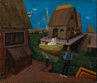 20th Century American School , Fish & Chips (Possibly Maine), Oil on canvas, framed