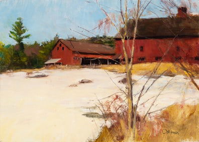 Curtis W. Hanson (Am. 1949-2017), Red Barn at Winter, Oil on canvas, unframed
