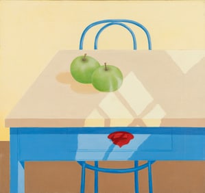 Sylvia Alberts (Am. 1928-2015), "Two Green Apples" 1983, Oil on canvas, framed