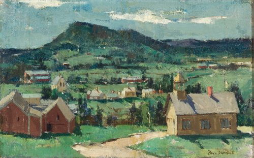 Paul Sample, A New England Town: Paul Sample Am. 1896–1974 A New England Town Signed "Paul Sample" l.r. Oil on canvas on Masonite 8 3/4 x 13 3/4 in. (22.2 x 34.9 cm)