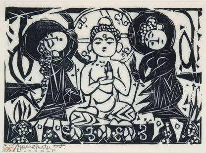 Shiko Munakata, Gautama and Bodhisattvas: Shiko Munakata Japanese 1903–1975 Gautama and Bodhisattvas Signed "Munakata" and stamped b.l. Woodcut 9 x 12 3/4 in. (22.9 x 32.4 cm) image: paper:Property of a Maine family