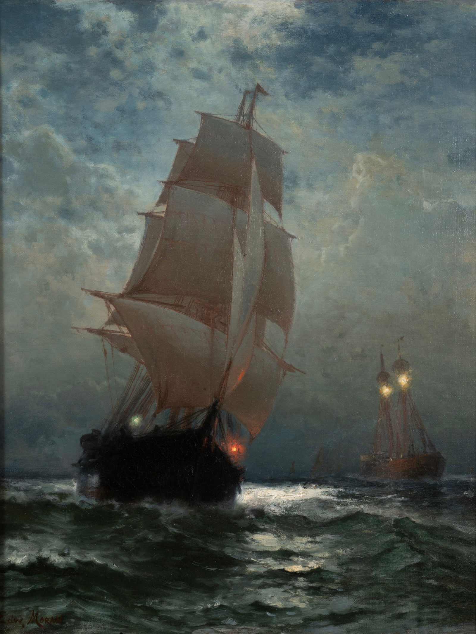 Edward Moran (Am. 1829-1901), Moonlit Passage, Oil on canvas, framed: Edward Moran (Am. 1829-1901) Moonlit Passage Oil on canvas, framed Signed l.l. 27" x 22" actual, 35 5/8" x 29 5/8 framed Provenance: Schwarz Gallery, Philade