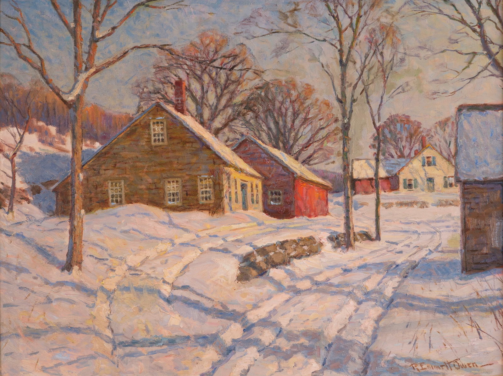 Robert Emmett Owen (Am. 1878-1957), End of a Winter's Day, Oil on canvas, framed: Robert Emmett Owen (Am. 1878-1957) End of a Winter's Day Oil on canvas, framed Signed l.r., Vose Galleries labels on backing 30" x 40" actual, 38 1/8" x 48" framed Provenanc