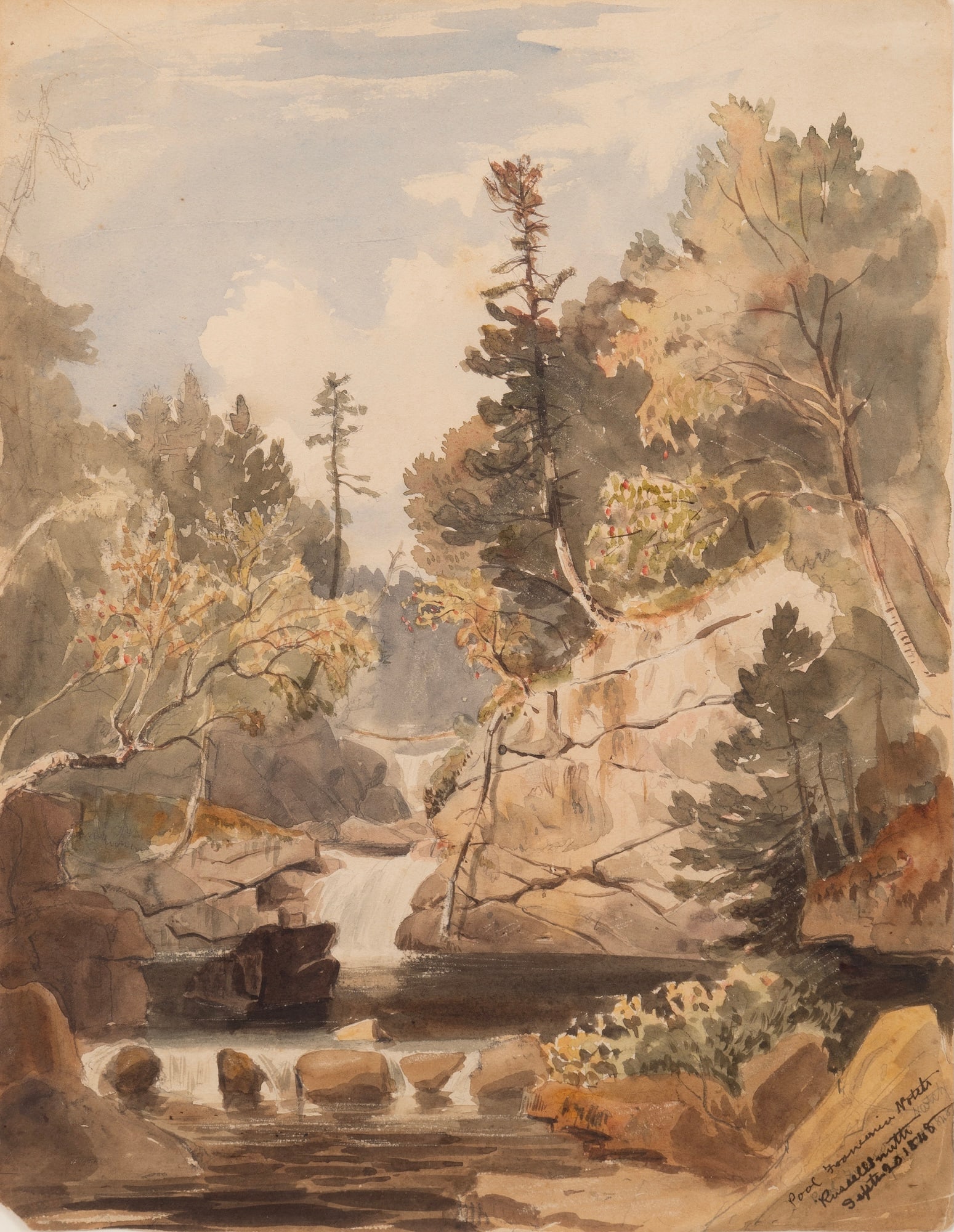 Russell Smith (Am. 1812-1896), "Pool, Franconia Notch" 1848, Watercolor on paper, framed under glass (1 of 7)