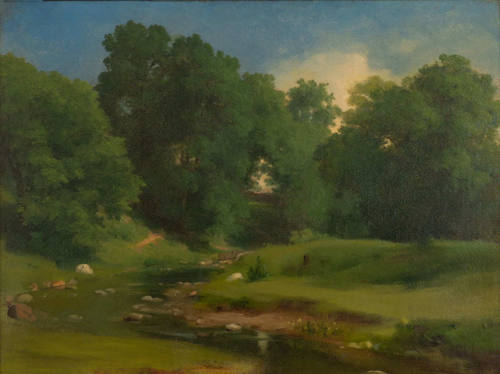 George Inness (Am. 1825-1894), Study for 'Heron Brook', c. 1854, Oil on board, framed: George Inness (Am. 1825-1894) Study for 'Heron Brook', c. 1854 Oil on board, framed Unsigned, Vose Galleries label on frame verso 12 1/8" x 15 15/16" actual, 19 1/8" x 23" framed