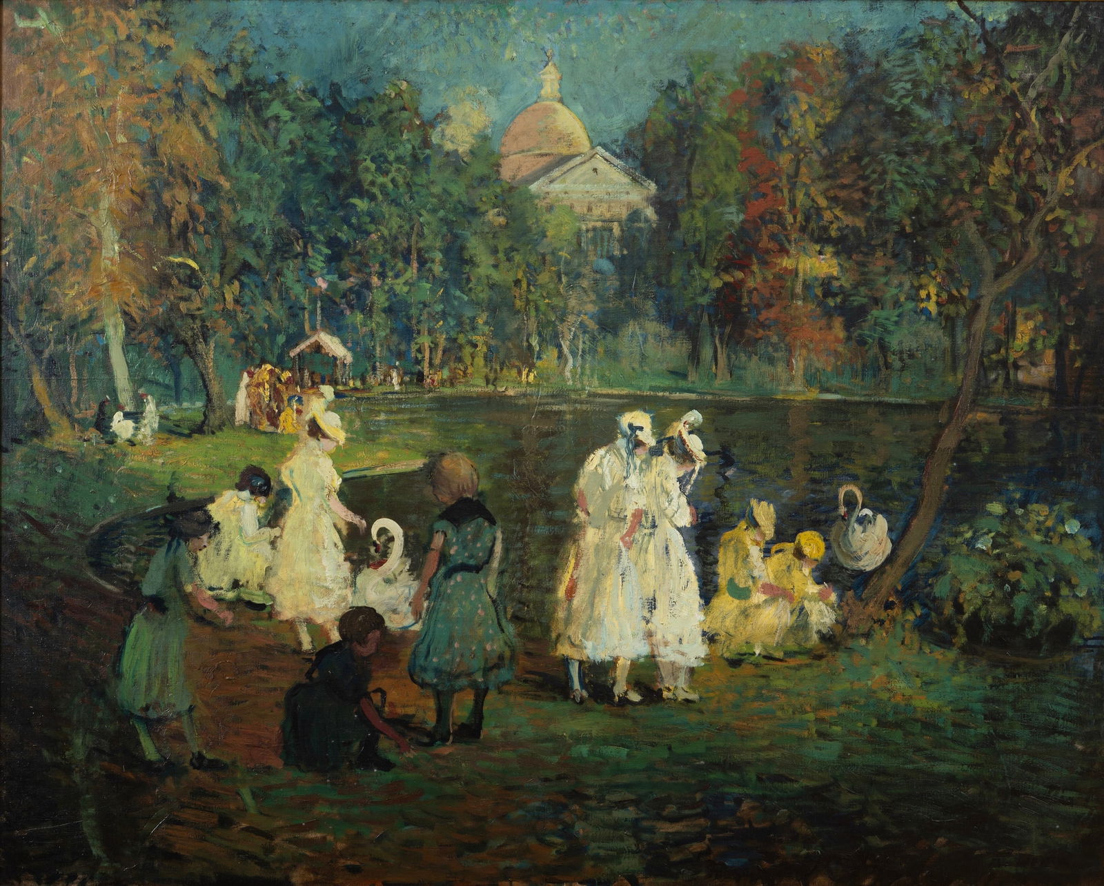 Arthur Clifton Goodwin (Am. 1864-1929), The Garden, Boston: Number II, Oil on canvas, framed: Arthur Clifton Goodwin (Am. 1864-1929) The Garden, Boston: Number II Oil on canvas, framed Signed l.r., Addison Gallery label on stretcher verso 40 1/8" x 50" actual, 45 3/4" x 55 3/4" framed