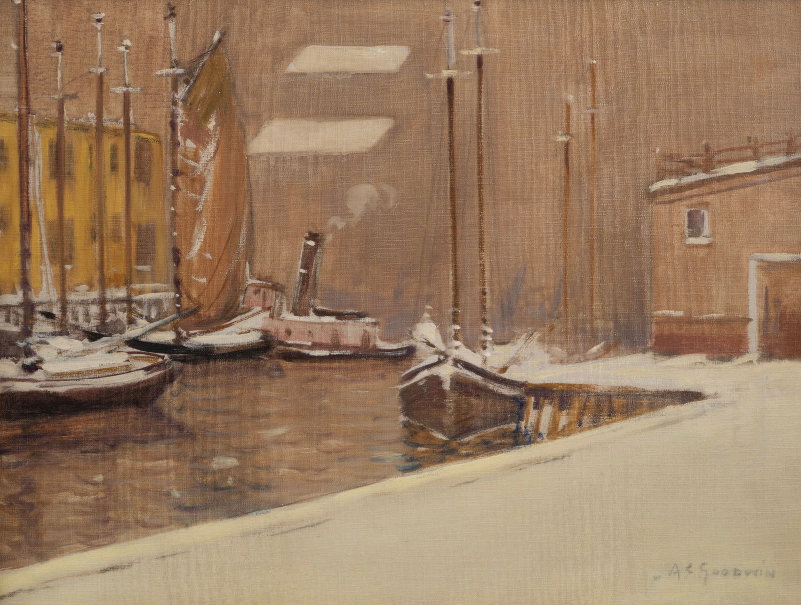 Arthur Clifton Goodwin (Am. 1864-1929), Boston Waterfront in Winter, Oil on canvas, framed: Arthur Clifton Goodwin (Am. 1864-1929) Boston Waterfront in Winter Oil on canvas, framed Signed l.r., Vose Galleries labels on backing and frame verso 20" x 26" actual, 26 1/2" x 32 1/2" fram