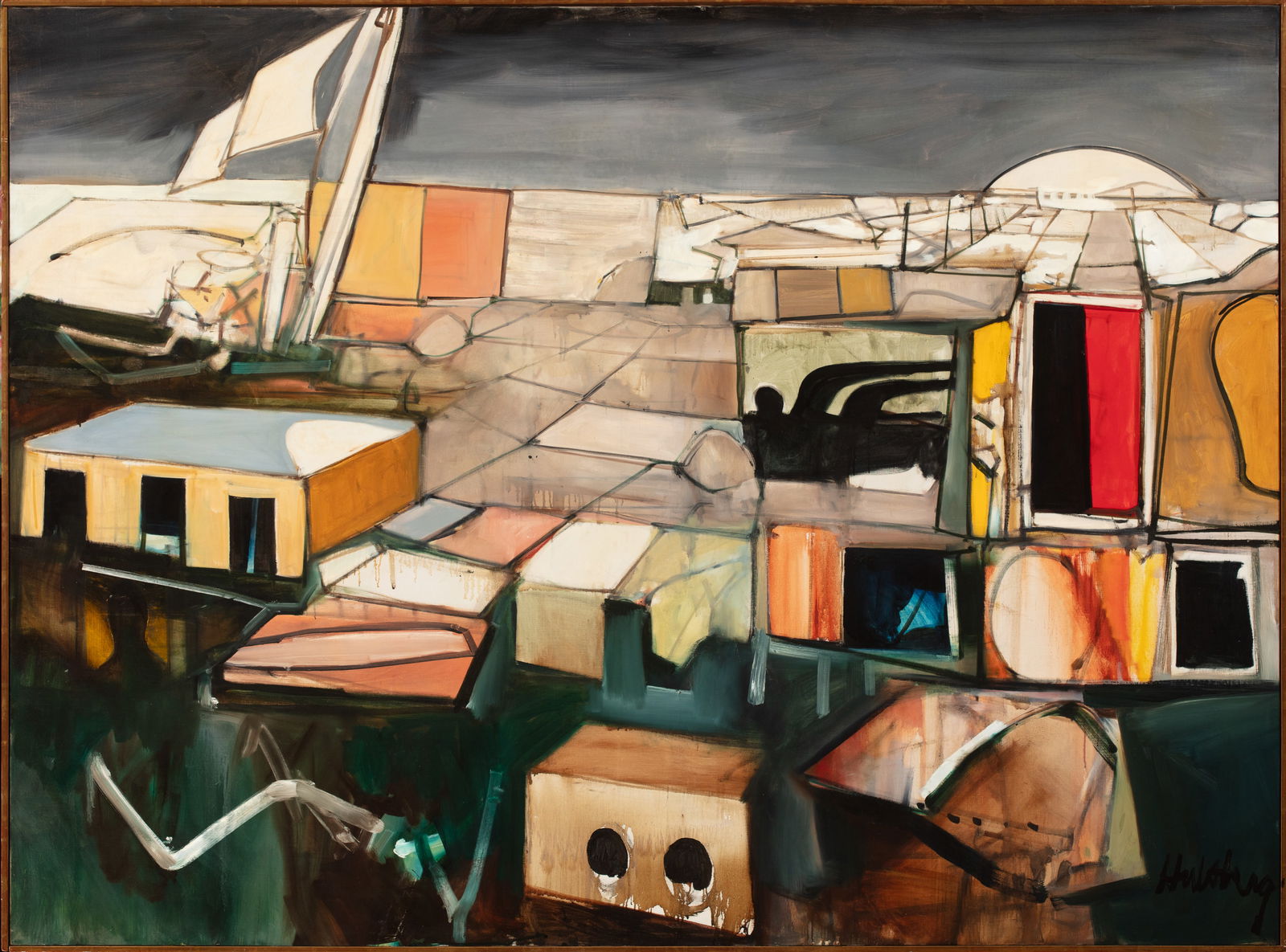 John Hultberg (Am. 1922-2005), "White Flag" 1958, Oil on canvas, framed: John Hultberg (Am. 1922-2005) "White Flag" 1958 Oil on canvas, framed Signed l.r., Martha Jackson Gallery, Cirker's, Albright Art Gallery, and partial exhibition labels on backing 50" x 60"