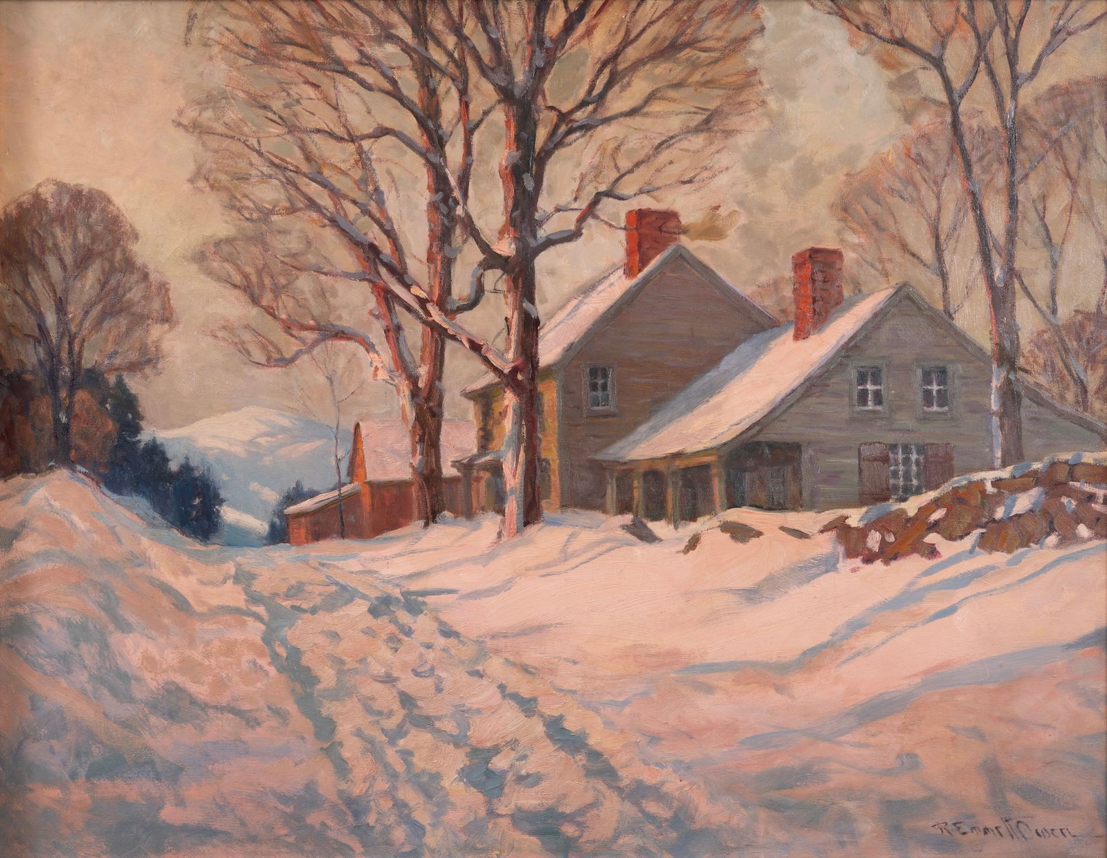 Robert Emmett Owen (Am. 1878-1957), Winter Scene at Dusk, Oil on canvas, framed: Robert Emmett Owen (Am. 1878-1957) Winter Scene at Dusk Oil on canvas, framed Signed l.r., Mitchell Brown Fine Art, Inc. label on backing 36" x 46" actual, 41" x 51" framed