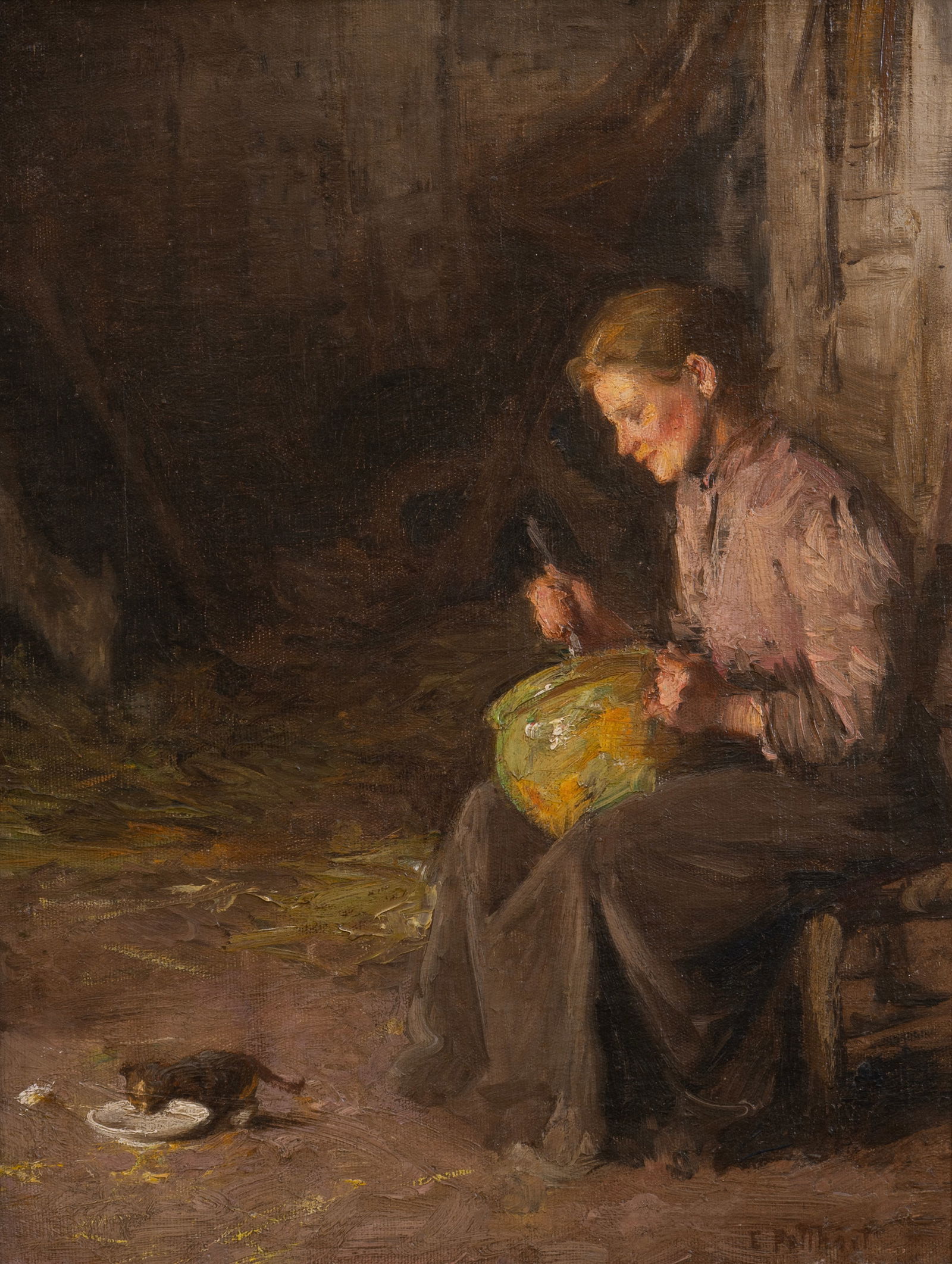 Edward H. Potthast (Am. 1857-1927), Girl in Barn, Oil on canvas, framed (1 of 5)