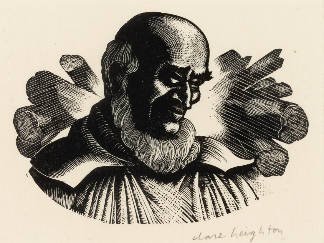 Clare Leighton (Am. 1898-1989), Illustration for Thomas Hardy's Under the Greenwood Tree, 1940, Wood: Clare Leighton (Am. 1898-1989) Illustration for Thomas Hardy's Under the Greenwood Tree, 1940 Wood engraving, framed under glass Signed in pencil l.r. 6 1/4" x 7 1/4" sight, 12 1/8" x 12 13/1