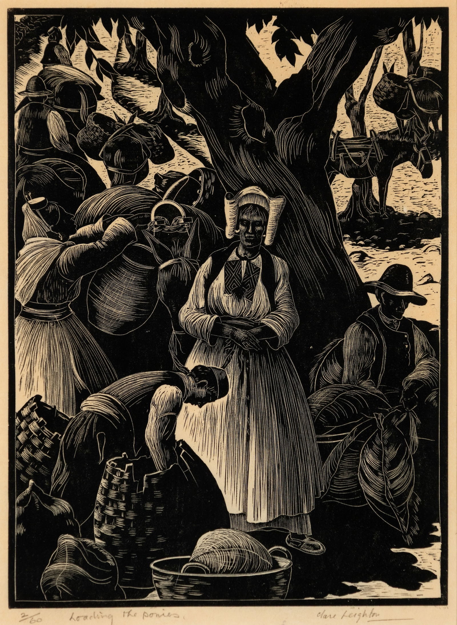 Clare Leighton (Am. 1898-1989), "Leading the Ponies", Wood engraving, framed under glass: Clare Leighton (Am. 1898-1989) "Leading the Ponies" Wood engraving, framed under glass Signed in pencil l.r., titled and editioned "2/60" in pencil l.l. 9" x 6 1/2" sight, 15 3/4" x 12 3/4" f