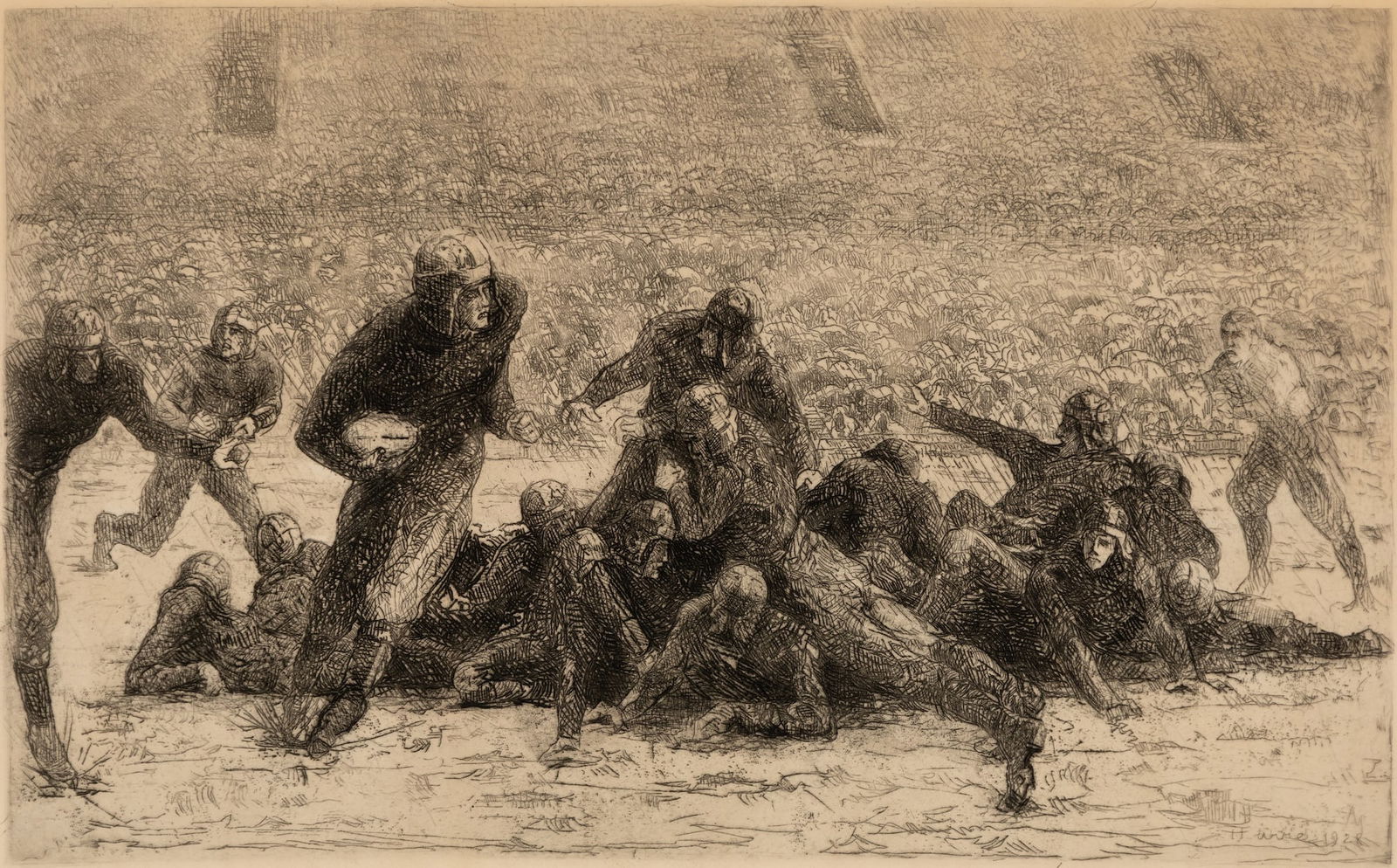 Henri Farre (Fr. 1871-1934), "Bears Football Game" Stagg Field, 1928, Etching, framed under glass: Henri Farre (Fr. 1871-1934) "Bears Football Game" Stagg Field, 1928 Etching, framed under glass Signed in pencil l.c., signed and dated in plate l.r., editioned "Artist-Proof" in pencil l.r.