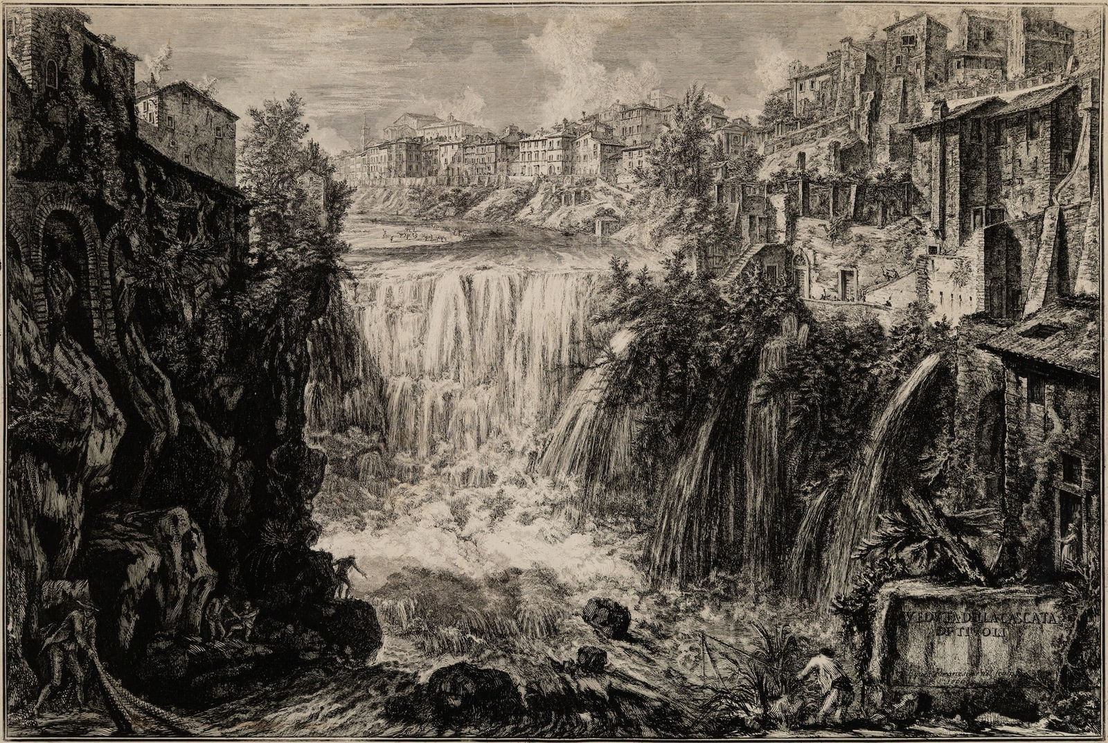Giovanni Battista Piranesi (It. 1720-1778), "Veduta della Cascata do Tivoli" 1766, Etching on: Giovanni Battista Piranesi (It. 1720-1778) "Veduta della Cascata do Tivoli" 1766 Etching on paper, framed under glass Signature, title, and date printed in plate l.r. 19 1/2" x 28" sight, 27