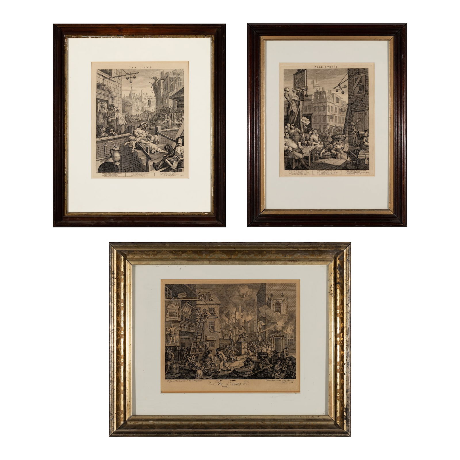 William Hogarth (Br. 1697-1764), Three Works,: William Hogarth (Br. 1697-1764) Three Works 1. "Gin Lane"Etching and engraving, framed under glassSigned in plate l.l., titled in plate u.c.24" x 20" sight, 27 3/8" x 23 1/4" framed2. “Beer Street