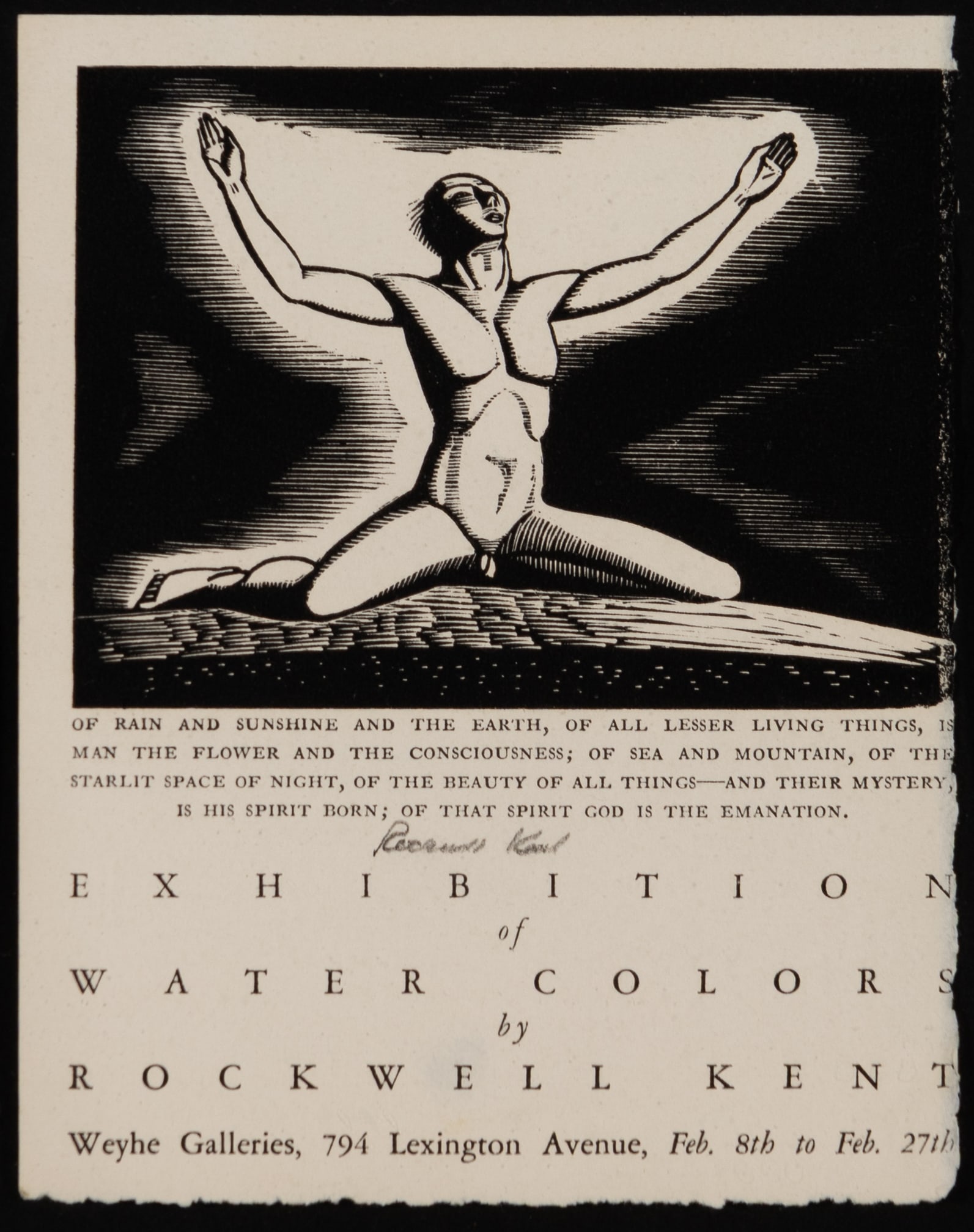 Rockwell Kent (Am. 1882-1971), Supplication (Notice of Exhibition), c. 1934, Wood engraving, framed: Rockwell Kent (Am. 1882-1971) Supplication (Notice of Exhibition), c. 1934 Wood engraving, framed under glass Signed in pencil l.c. 5 13/16" x 4 1/2" actual, 13 1/8" x 11 1/16" framed