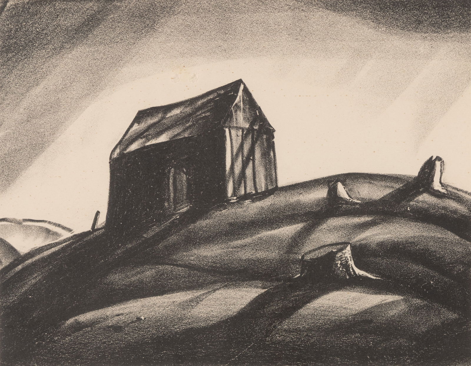 Rockwell Kent (Am. 1882-1971), "Lone Cabin" 1926, Lithograph, framed under glass: Rockwell Kent (Am. 1882-1971) "Lone Cabin" 1926 Lithograph, framed under glass Signed in pencil l.r. 7 1/4" x 9 1/4" sight, 14 1/8" x 15 7/8" framed Provenance: </