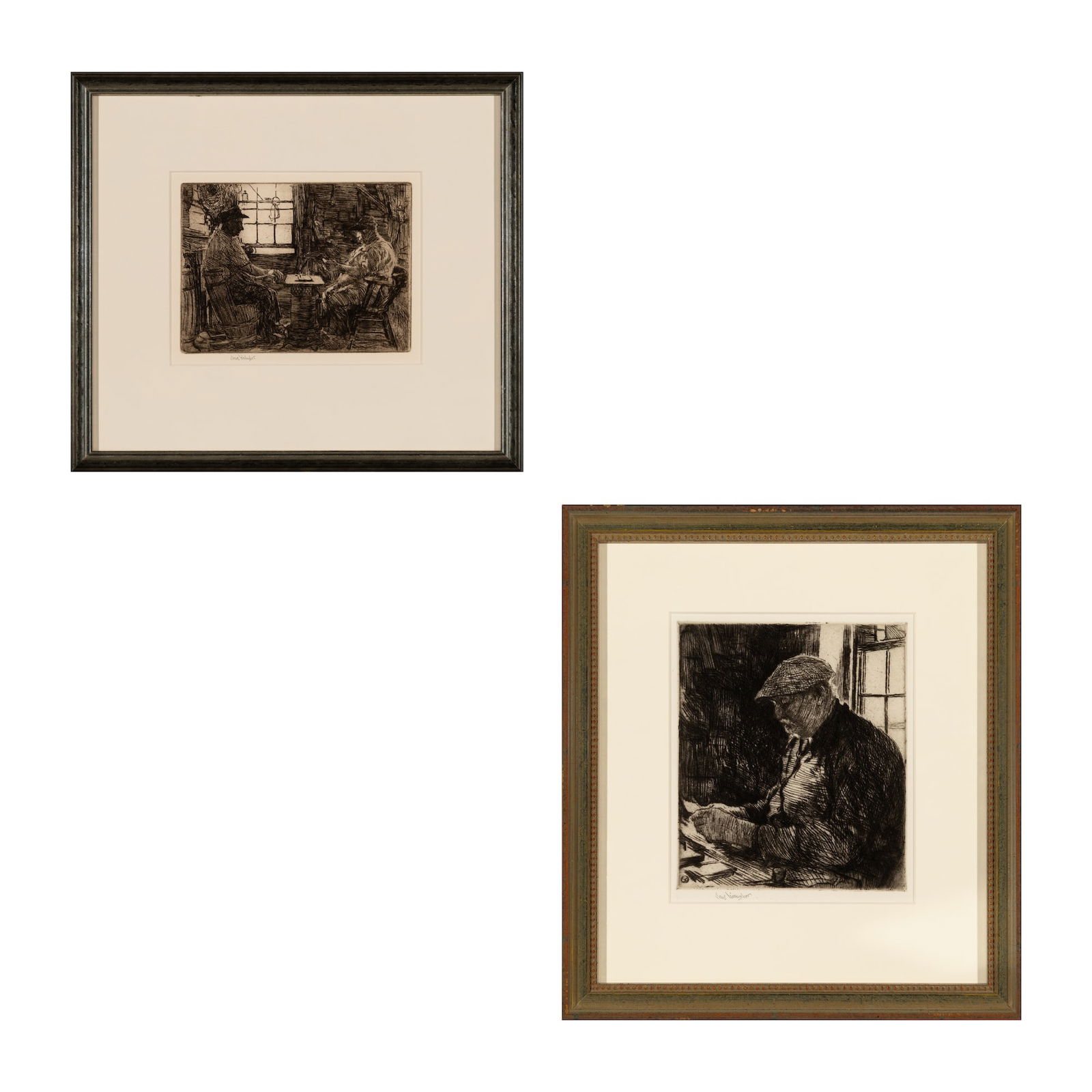 Sears Gallagher (Am. 1869-1955), Two Works,: Sears Gallagher (Am. 1869-1955) Two Works 1] Fish House Card GameEtching, framed under glassSigned in pencil l.l.6 3/4" x 8" plate, 13 3/4" x 15 3/8" framed2] Man in Hat Etching, framed under glas