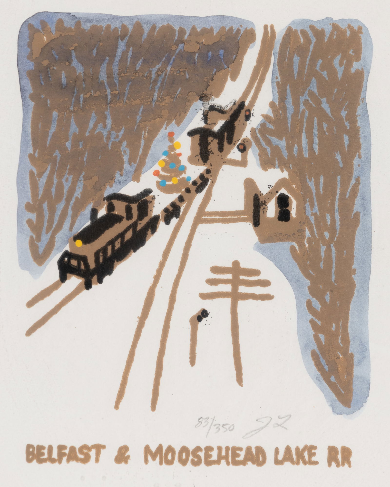 Jon Legere (Am. 1944-1996), "Belfast & Moosehead Lake RR", Silkscreen on paper, framed under glass: Jon Legere (Am. 1944-1996) "Belfast & Moosehead Lake RR" Silkscreen on paper, framed under glass Initialed and editioned "83/350" in pencil l.c., titled in plate l.c., inscribed "Best wishes for th