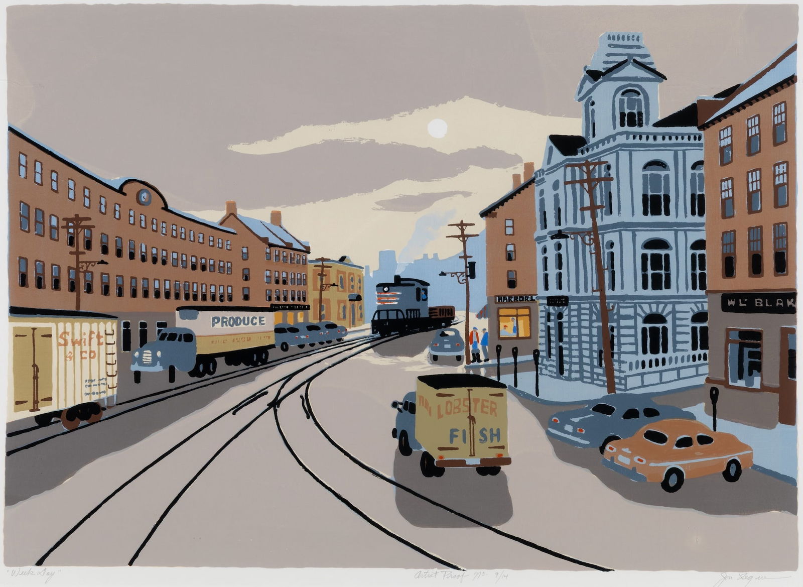 Jon Legere (Am. 1944-1996), "Week Day" , Silkscreen on paper, framed under glass: Jon Legere (Am. 1944-1996) "Week Day" Silkscreen on paper, framed under glass Signed in pencil l.r., titled in pencil l.l., editioned "Artist Proof no. 9/14" in pencil l.c. 23 1/4" x 32" sig