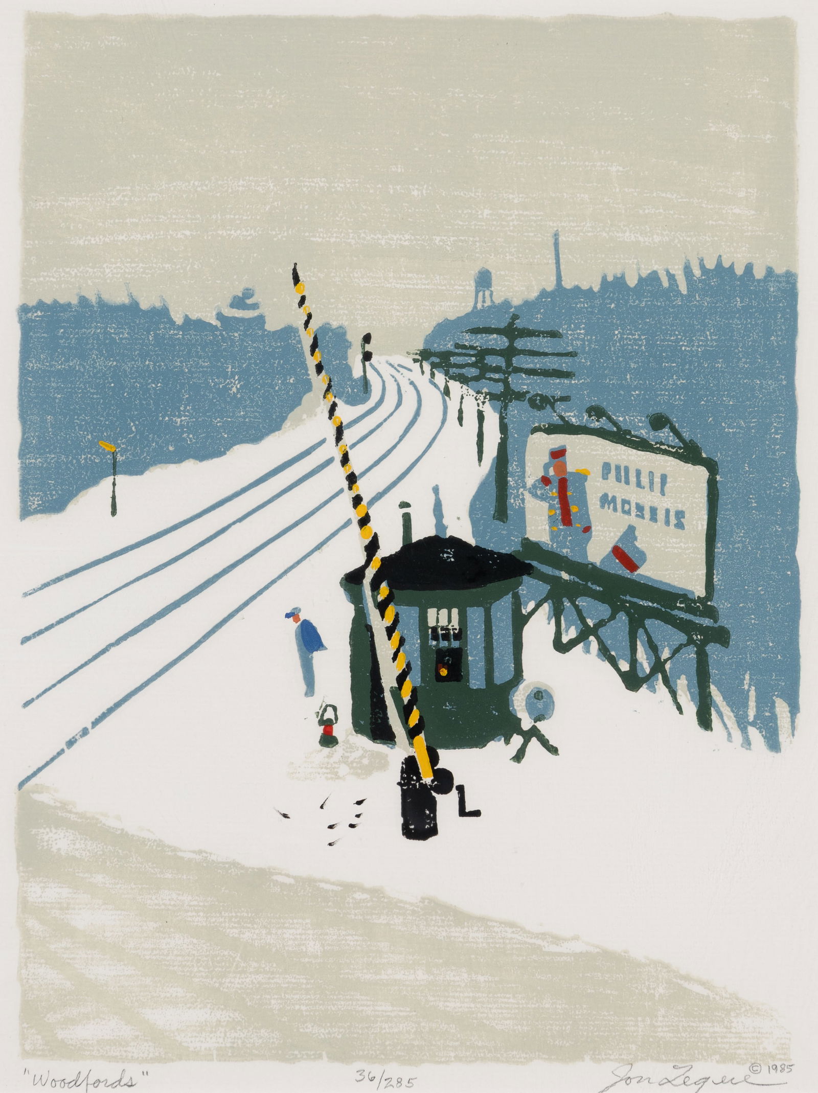 Jon Legere (Am. 1944-1996), "Woodfords" 1985, Silkscreen on paper, framed under glass: Jon Legere (Am. 1944-1996) "Woodfords" 1985 Silkscreen on paper, framed under glass Signed and dated in pencil l.r., titled in pencil l.l., and editioned "36/285" in pencil l.c. 12" x 9" sigh