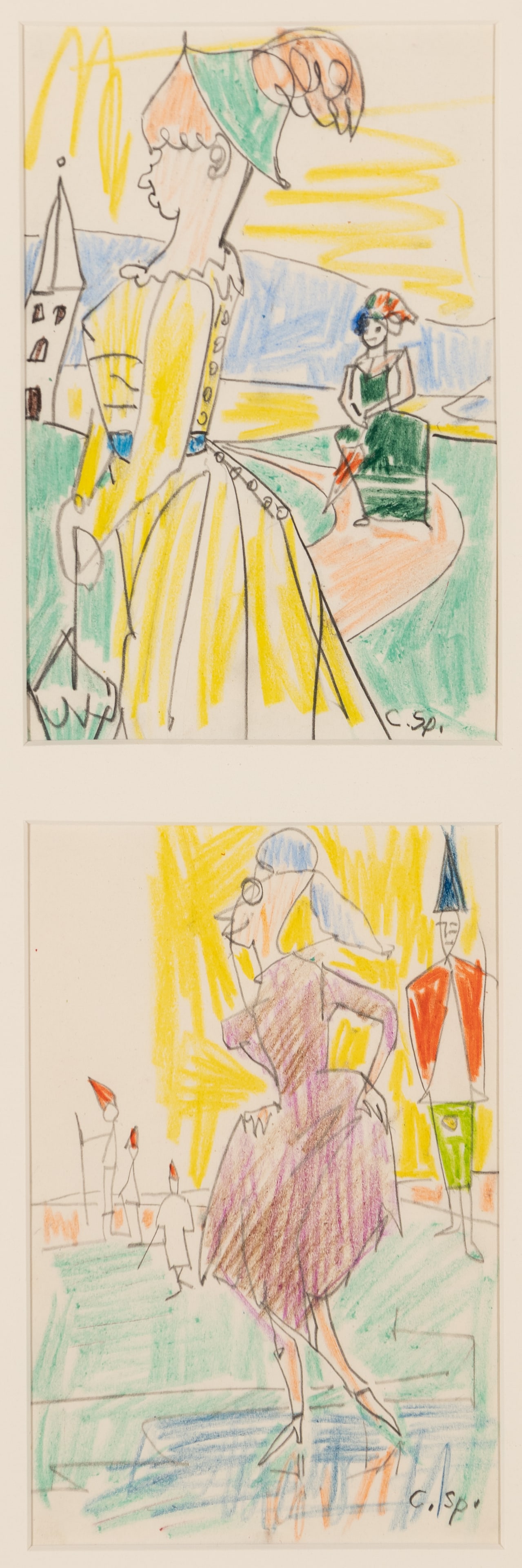 Carl Sprinchorn (Am. 1887-1971), Four Drawings,: Carl Sprinchorn (Am. 1887-1971) Four Drawings 1. Yellow SetCrayon on paper, framed under glassSigned l.r.7 1/2" x 5" image 1, 7 1/2" x 5" image 2, 19 3/4" x 8 13/16" frame 2. Red SetCrayon on pape