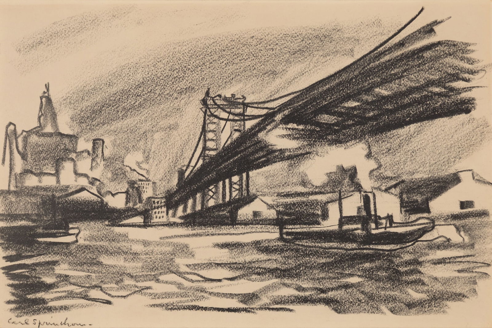 Carl Sprinchorn (Am. 1887-1971), "River View" c. 1920, Crayon on paper, framed under glass: Carl Sprinchorn (Am. 1887-1971) "River View" c. 1920 Crayon on paper, framed under glass Signed l.l., Spanierman Gallery label on backing 9 3/4" x 14 3/4" sight, 16 3/4" x 21 13/16" framed </