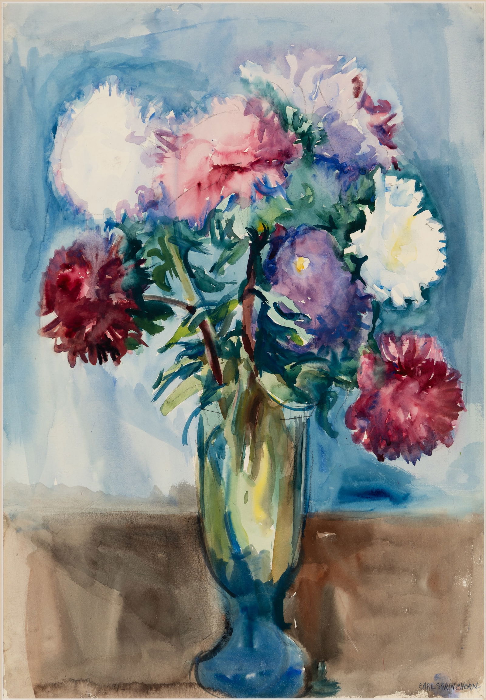 Carl Sprinchorn (Am. 1887-1971), Floral Still Life, Watercolor on paper, framed under glass: Carl Sprinchorn (Am. 1887-1971) Floral Still Life Watercolor on paper, framed under glass Signed l.r., Ogunquit Musem of American Art exhibition label on backing 21" x 14 1/2" actual, 29 1/2"