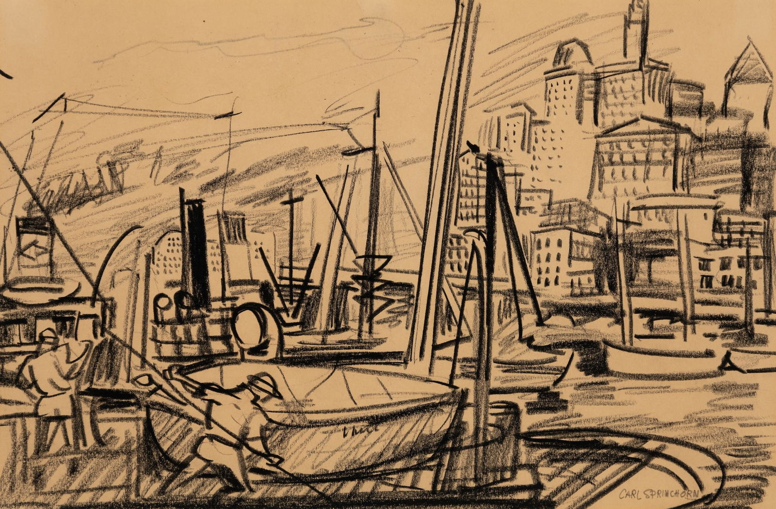 Carl Sprinchorn (Am. 1887-1971), Harbor View, New York, Crayon on paper, framed under glass: Carl Sprinchorn (Am. 1887-1971) Harbor View, New York Crayon on paper, framed under glass Signed l.r. 9 3/8" x 14 1/4" sight, 15 5/8" x 20" framed Provenance: <