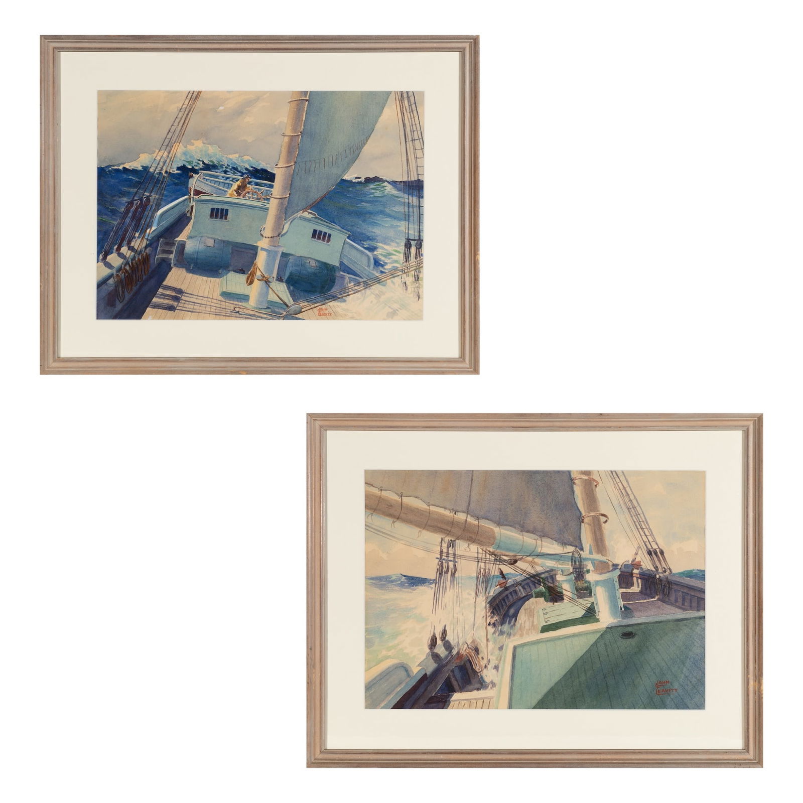 John Leavitt (Am. 1905-1974), Two Works ,: John Leavitt (Am. 1905-1974) Two Works 1. Leaning MastWatercolor on paper, framed under glassSigned l.c.14 3/16" x 20 1/4" sight, 20 7/8" x 26 15/16" framed 2. Waves on Port Watercolor on paper,