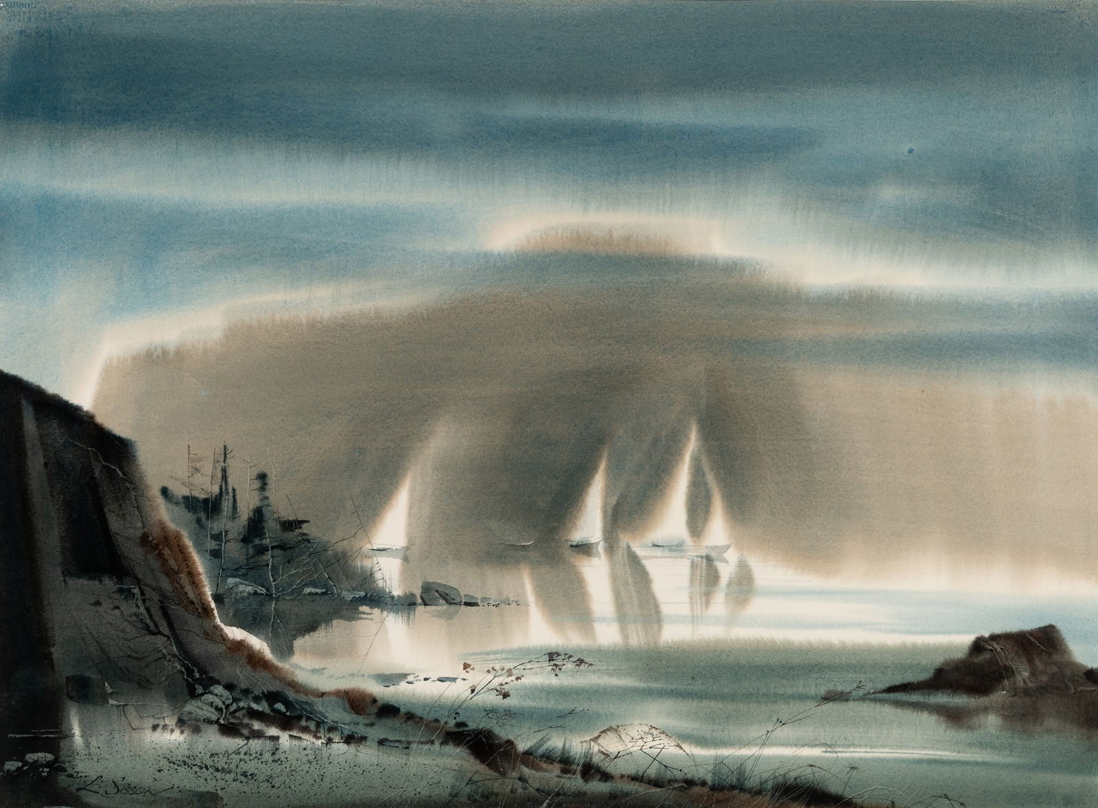 Laurence Sisson (Am. b. 1928), "Racing Before the Bank", Watercolor on paper, framed under glass: Laurence Sisson (Am. b. 1928) "Racing Before the Bank" Watercolor on paper, framed under glass Signed l.l., titled on verso 21 1/2" x 29" sight, 29 1/2" x 36 3/4" framed Pr