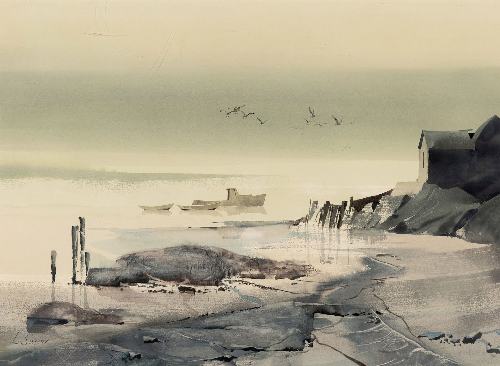 Laurence Sisson (Am. b. 1928), Low Tide, Watercolor on paper, framed under glass: Laurence Sisson (Am. b. 1928) Low Tide Watercolor on paper, framed under glass Signed l.l., Alan Brown Gallery label on backing 20 1/2" x 28" sight, 31" x 38 3/8" framed Pr