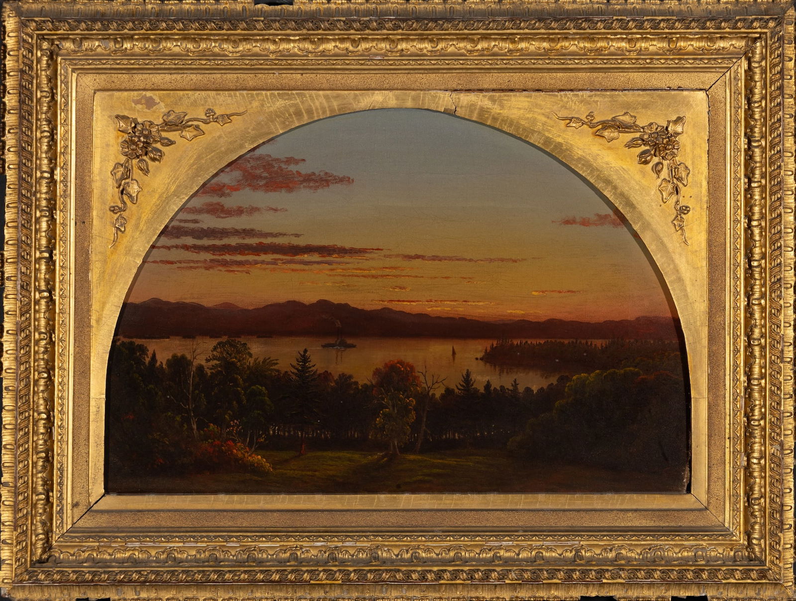 19th Century American School , Paddle Steamer on Lake, Oil on canvas, framed: 19th Century American School Paddle Steamer on Lake Oil on canvas, framed Unsigned 10 1/8" x 15 1/8" actual, 15 1/4" x 20 1/4" framed Provenance: Private co