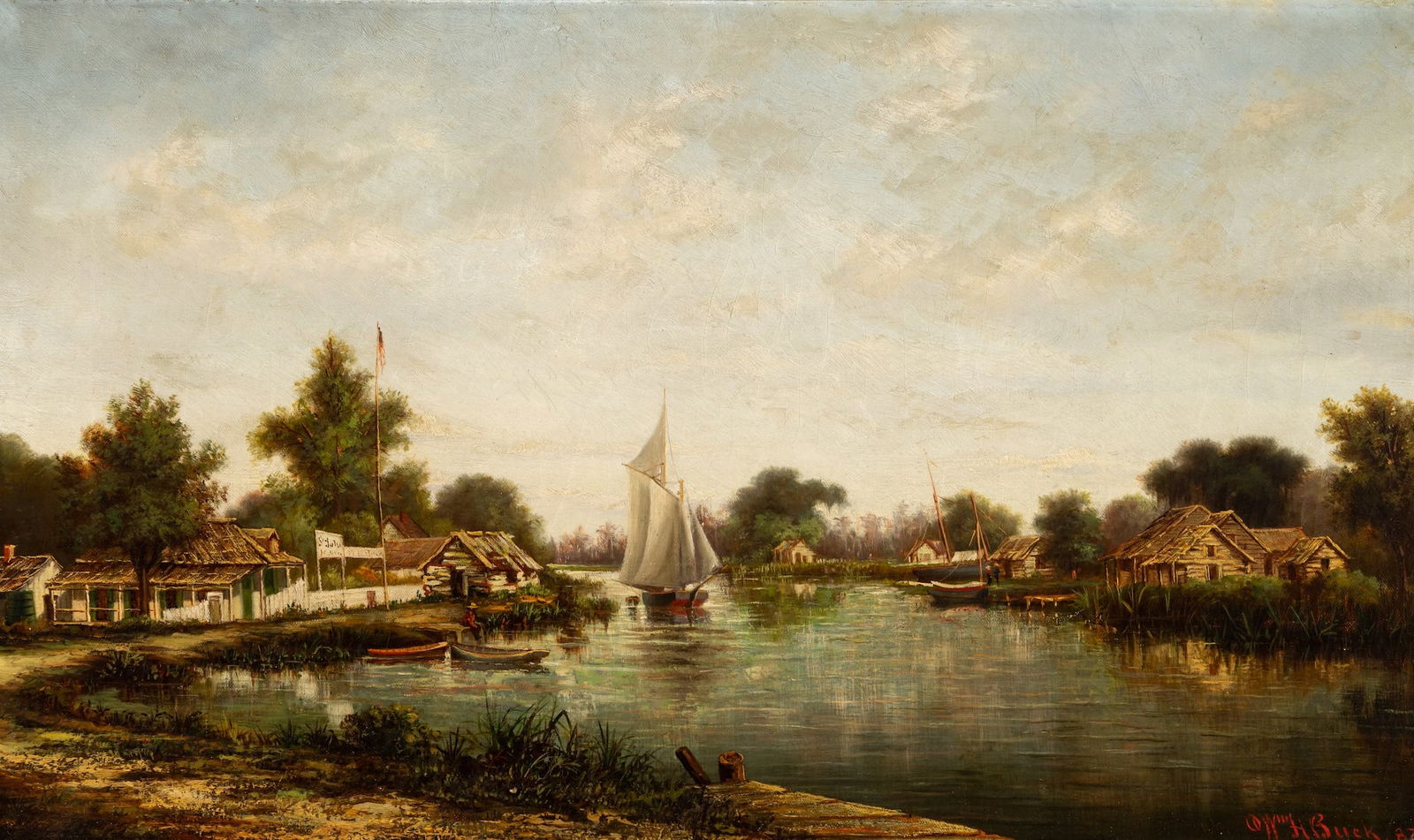 William H. Buck (Am. 1840-1888), Bayou St. John, 1883, Oil on canvas, framed: William H. Buck (Am. 1840-1888) Bayou St. John, 1883 Oil on canvas, framed Signed and dated l.r. 18" x 30" actual, 26 1/4" x 38" framed Provenance: Private c