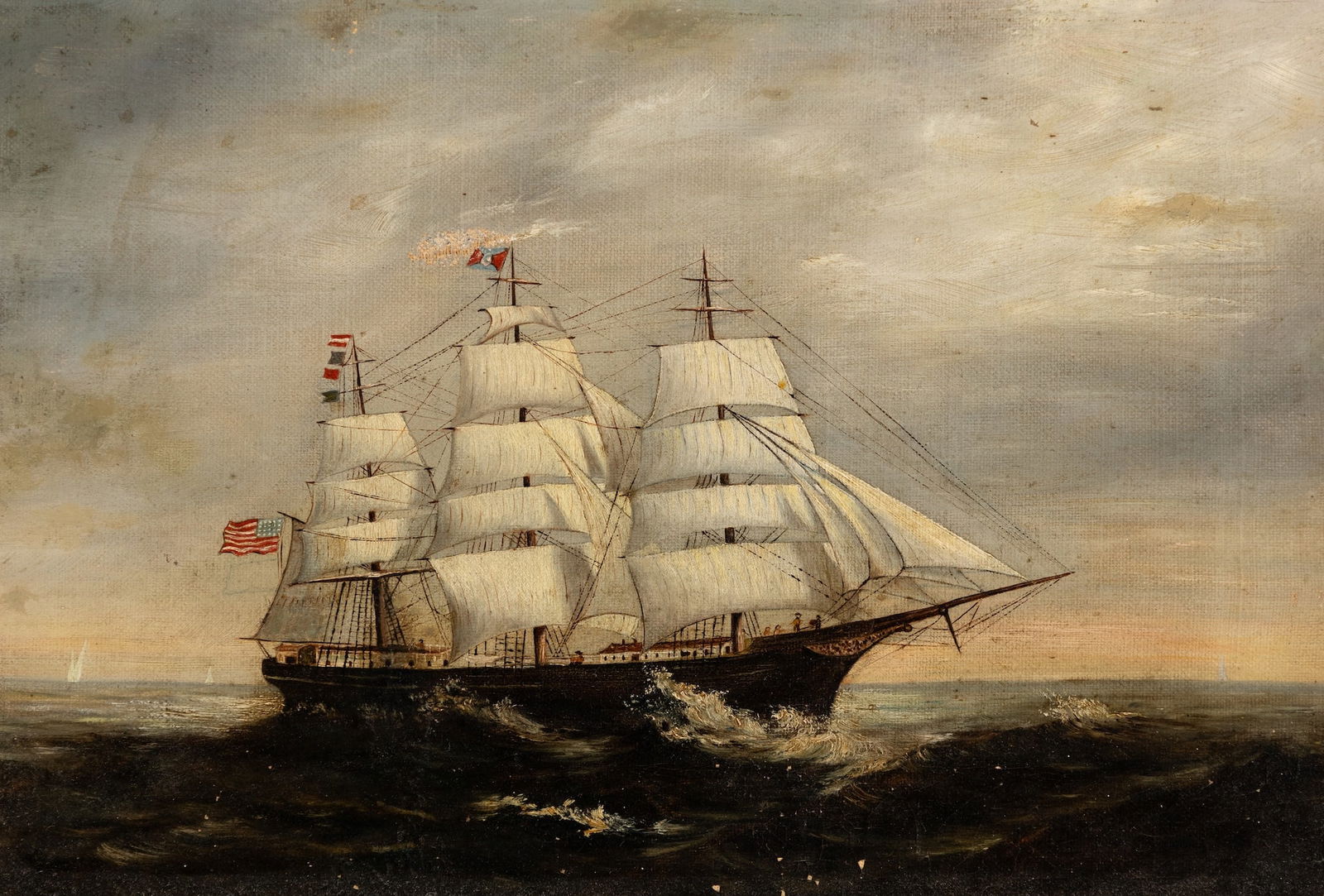 19th/20th Century American School , Sailing Ship, Oil on canvas, framed: 19th/20th Century American School Sailing Ship Oil on canvas, framed Unsigned 10 1/2" x 15 1/2" actual, 14 3/8" x 19 3/8" framed Provenance: Private collec