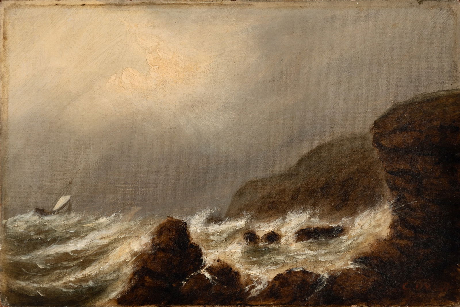 Clement Drew (Am. 1806-1889), "Coast of Newport" 1888, Oil on canvas, unframed: Clement Drew (Am. 1806-1889) "Coast of Newport" 1888 Oil on canvas, unframed Signed, titled, and dated on verso 8" x 12" actual Provenance: Private collecti