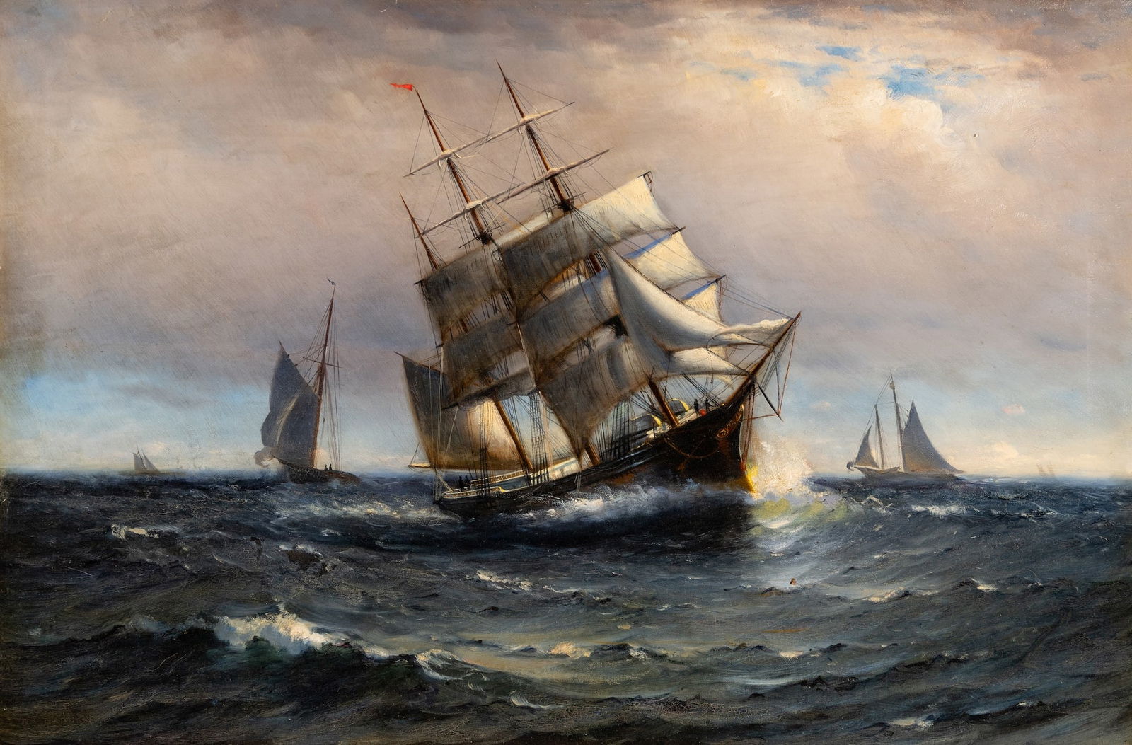 Marshall Johnson (Am. 1850-1921), Clipper Signaling A Pilot, Oil on canvas, framed: Marshall Johnson (Am. 1850-1921) Clipper Signaling A Pilot Oil on canvas, framed Signed l.l. 24" x 36" actual, 27" x 49" framed Provenance: Private collecti