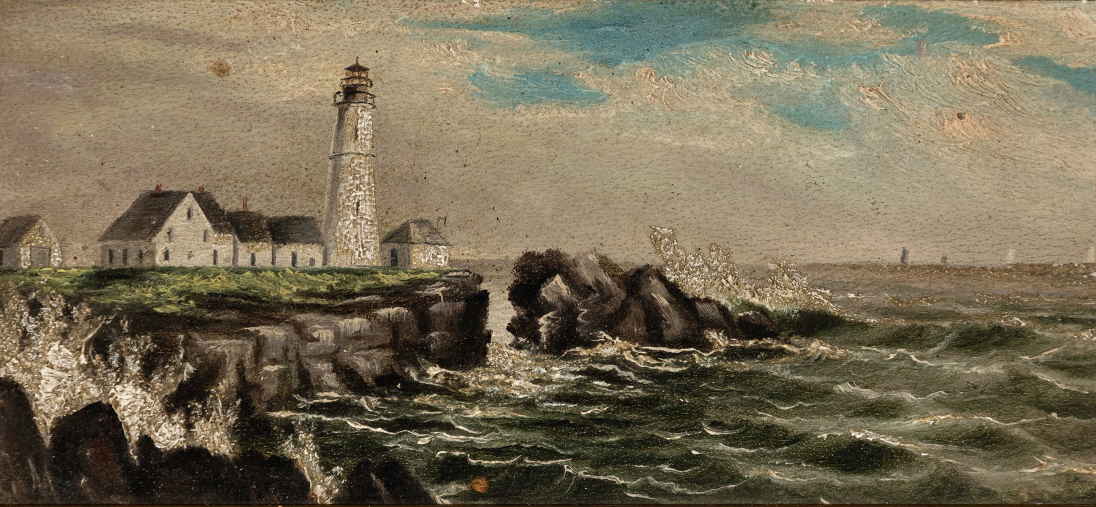 George M. Hathaway (Am. 1852-1903), Portland Head Light, Oil on board, framed: George M. Hathaway (Am. 1852-1903) Portland Head Light Oil on board, framed Initialed l.l., titled on T.F. Fross & Sons label verso 3 1/2" x 8" actual, 6 3/4" x 11" framed